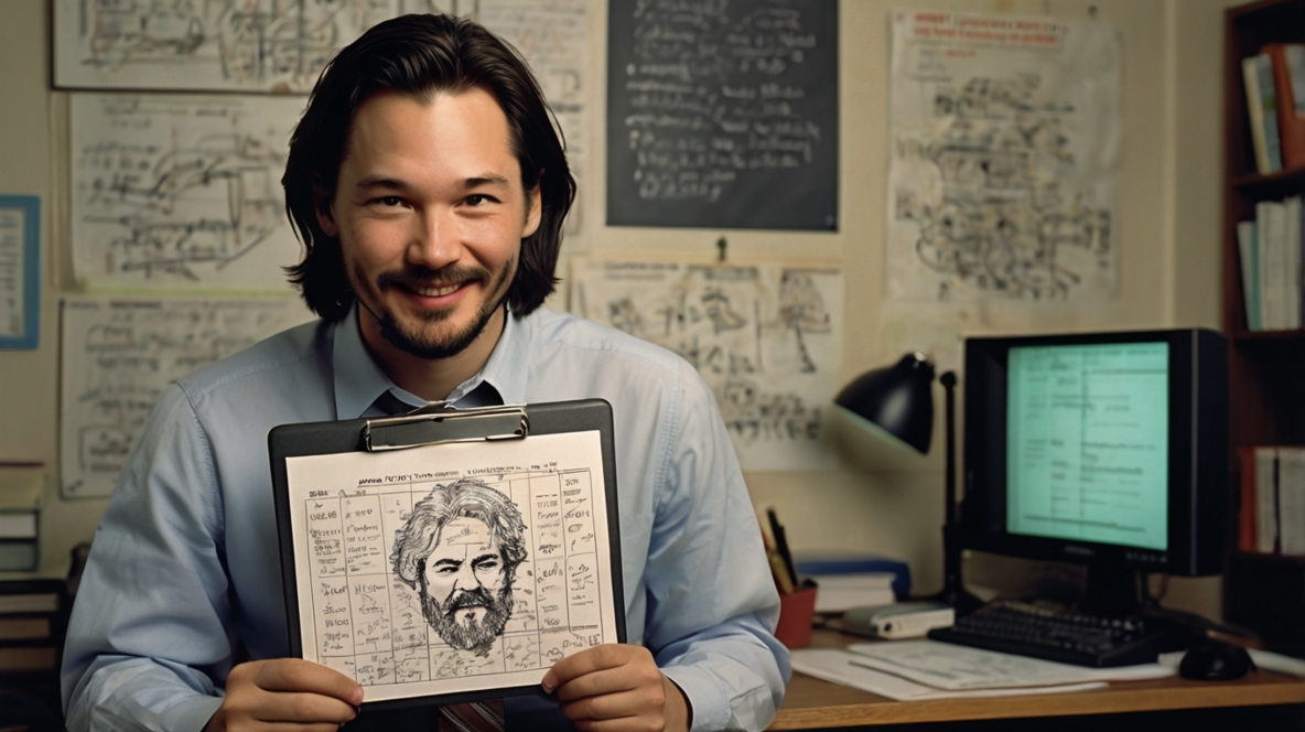 Erik holding a clipboard with some sketches at his office job