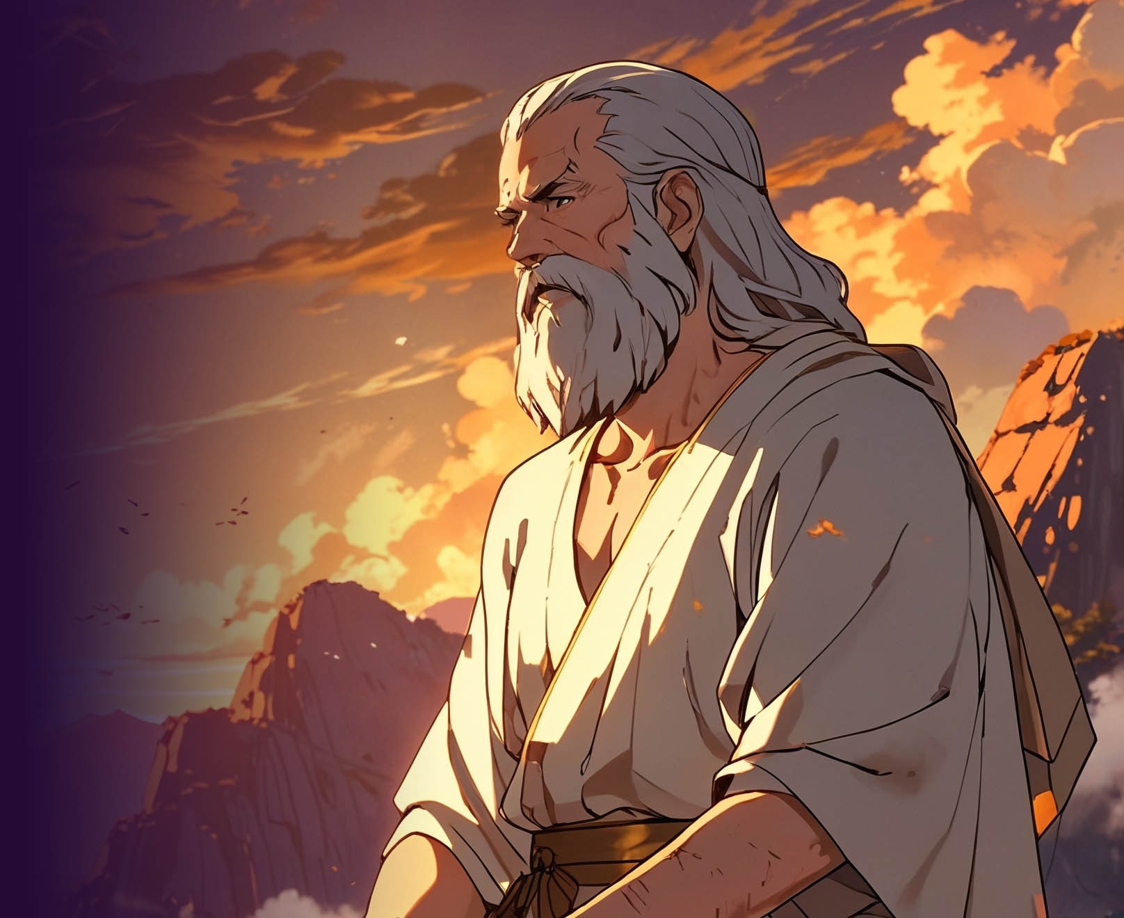 socrates main character closeup on a mountaintop staring into the distance at golden hour