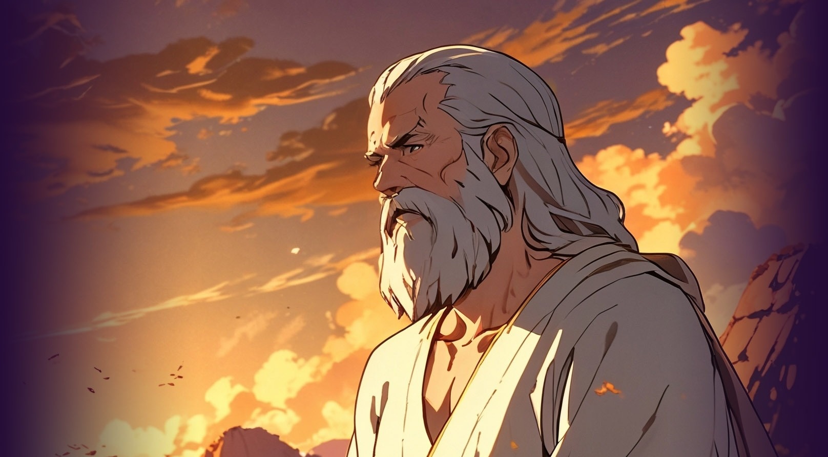 socrates main character closeup on a mountaintop staring into the distance at golden hour