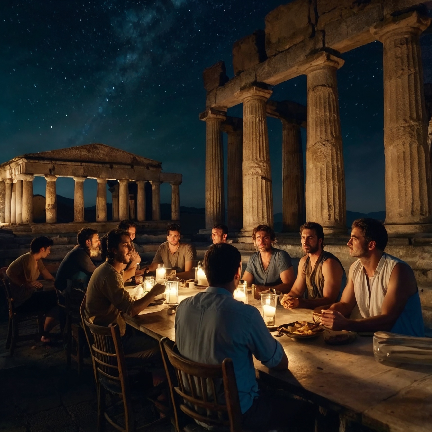 a group of mentees at dinner in a greek temple open air